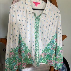 Lilly Pulitzer White Blouse with Green and Pink Accents